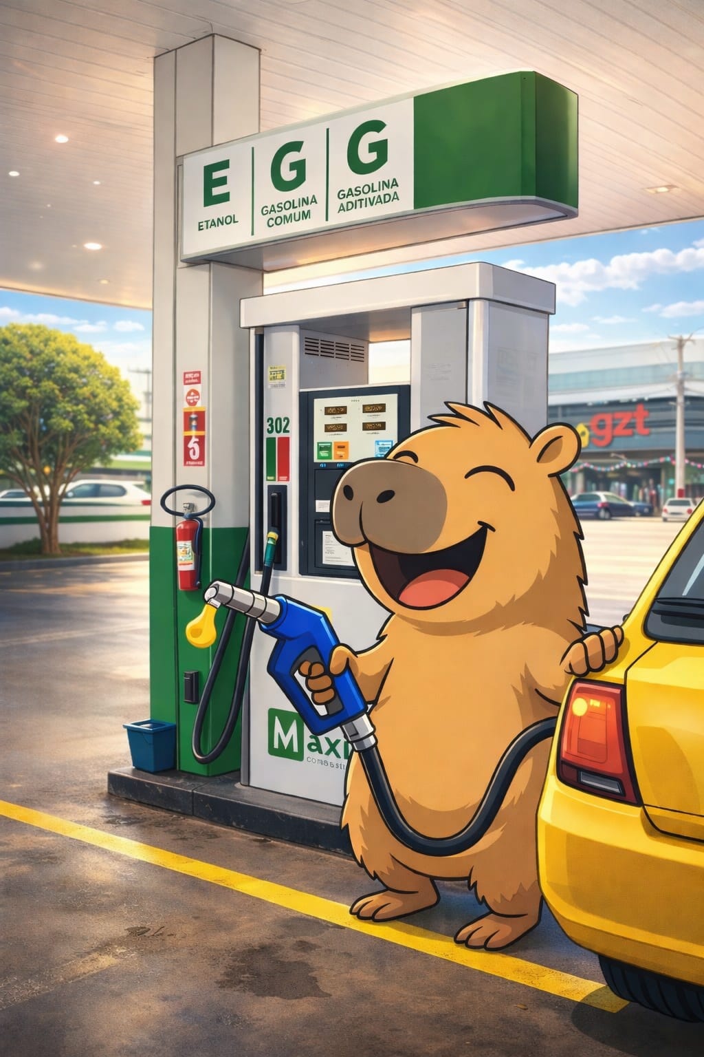 Mascote da Maxxi abastecendo um carro